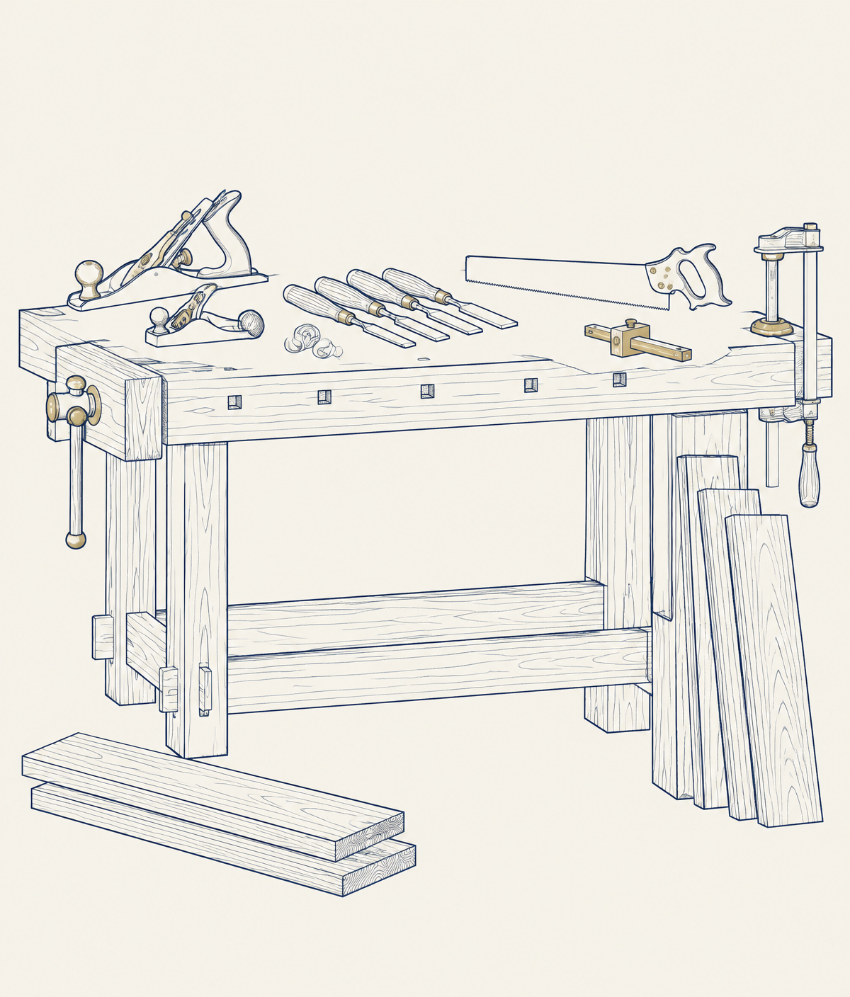 Illustration of a carpenter's workbench with hand tools and oak boards